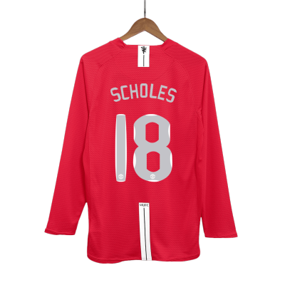 Manchester United SCHOLES #18 Home Retro Long Sleeve Soccer Jersey 2007/08 - UCL Final - acejersey