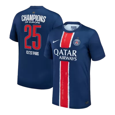 Men's PSG CHAMPIONS #25 Home Soccer Jersey CHAMPIONS OF EUROPE 2024/25 - acejersey